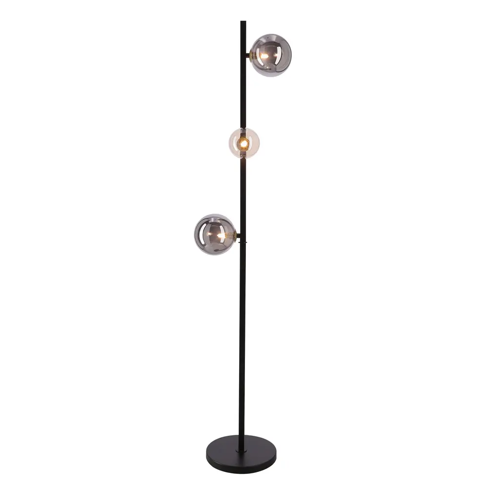 Stojací lampa Kama 3x28W G9 černá a zlatá, grafitové a jantarové stínidlo, elegantní stojací lampa, moderní design do obývacího pokoje