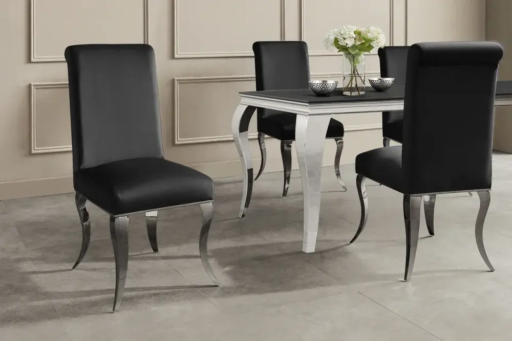 Estila Designová moderní jídelní židle Modern Barock s kabriolovými nohama ve stříbrné barvě s černým sametovým potahem 105 cm