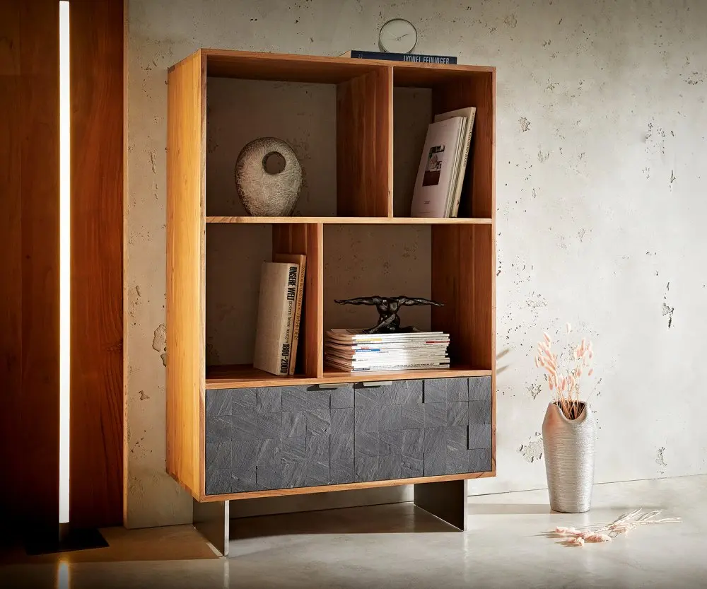 Regál Teele 90x130 cm akácie přírodní břidlice 2 dvířka závěsná