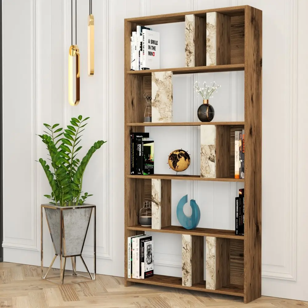 Knihovna Lima - Walnut, White Marble