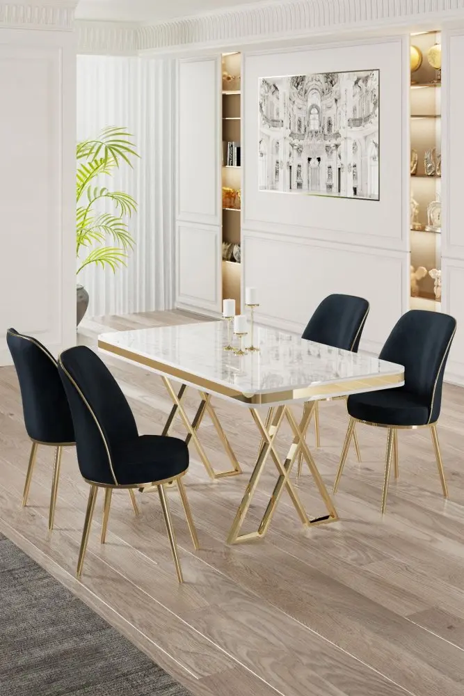 Dining Table & Chairs Set (5 Pieces) Vals - White, Gold, Anthracite