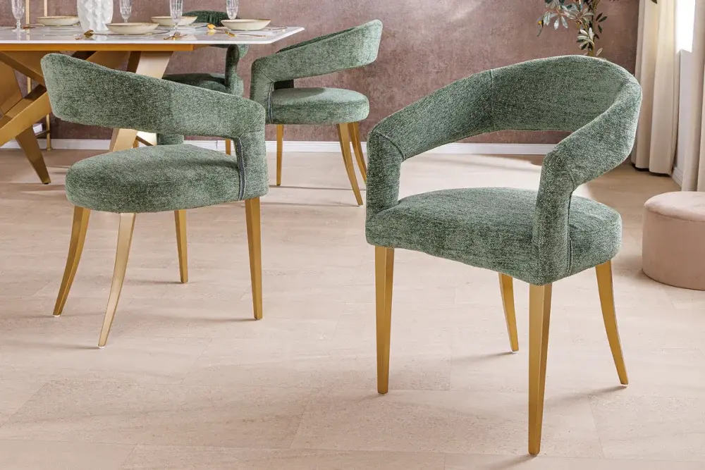 Estila Stylová čalouněná glamour zelená jídelní židle Lunit s vykrojeným sedadlem a zlatými kovovými nožičkami 81 cm