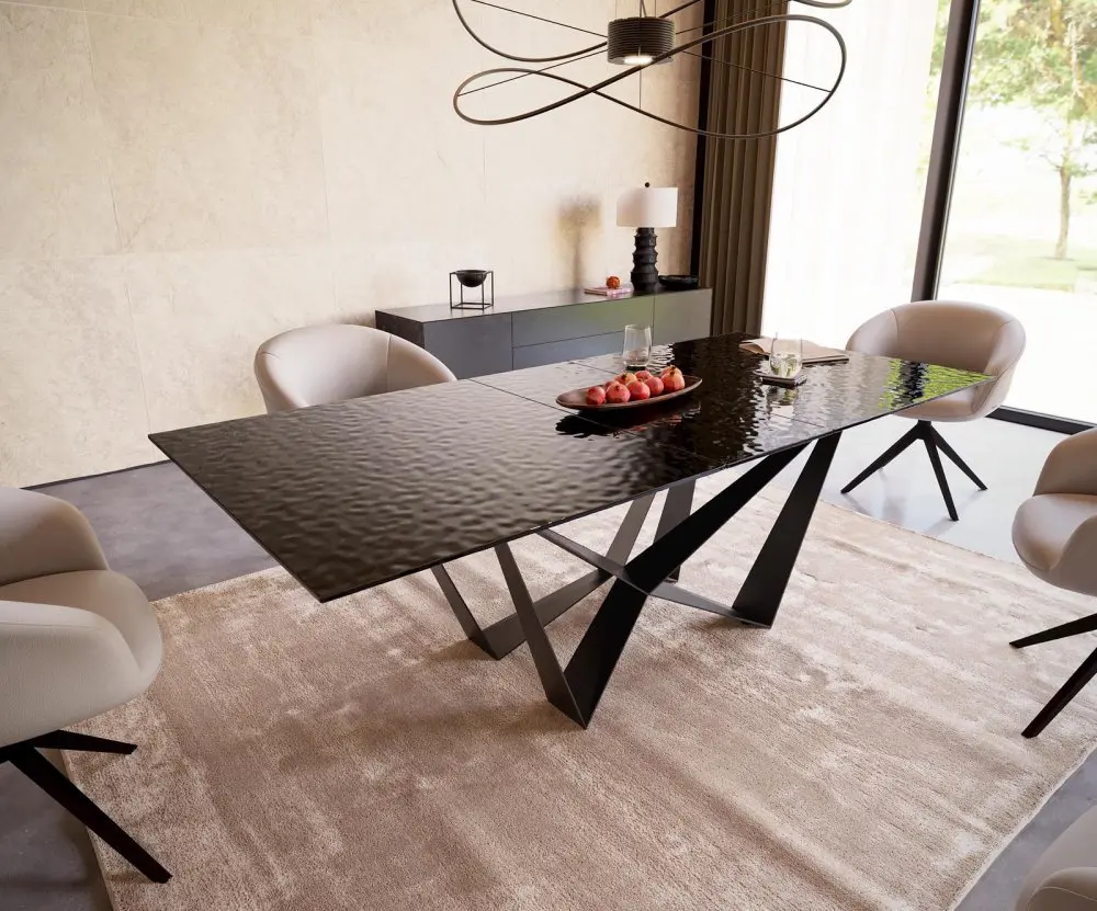Jídelní stůl Edge 180-220x100 sklo s reliéfem kouřově černé 3D