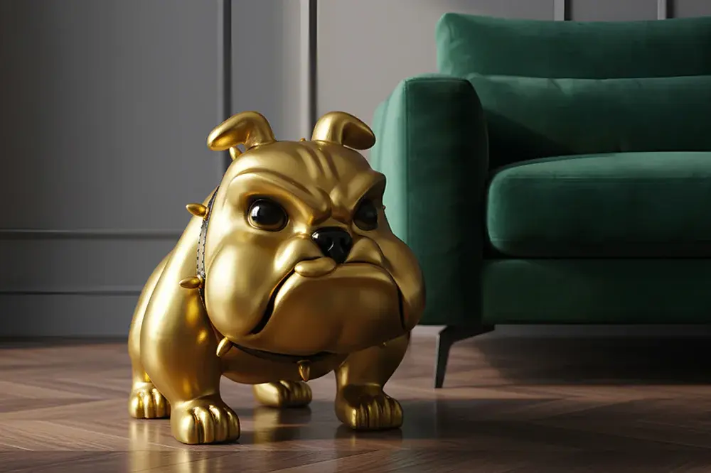 Estila Moderní designová zlatá socha Pop Atelier v podobě sedícího buldoka v animovaném pop art stylu s černými detaily 59 cm