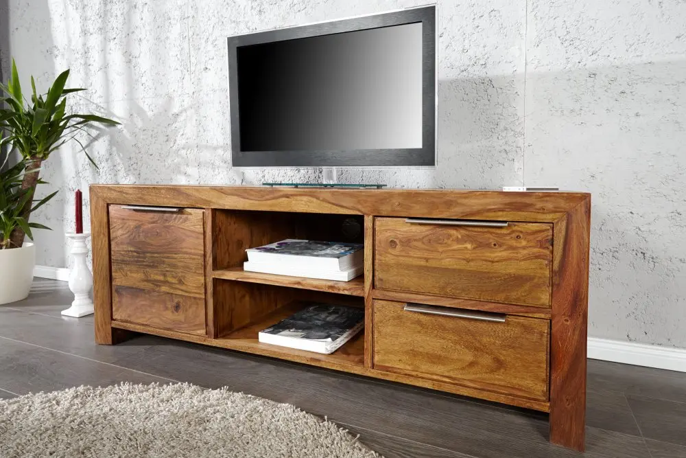 Estila Moderní obdélníkový hnědý masivní TV stolek Massive ze sheeshamového dřeva s kovovými úchyty s úložným prostorem 135 cm