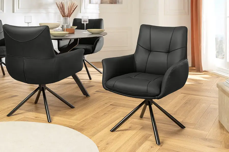 Estila Designová industriální černá jídelní židle Mariposa s koženým prošívaným potahem a otočným sedadlem 86 cm