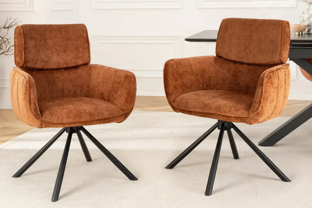 Estila Moderní otočné zaoblené jídelní křeslo Chenill s oranžovým potahem s černými kovovými nožičkami 84 cm