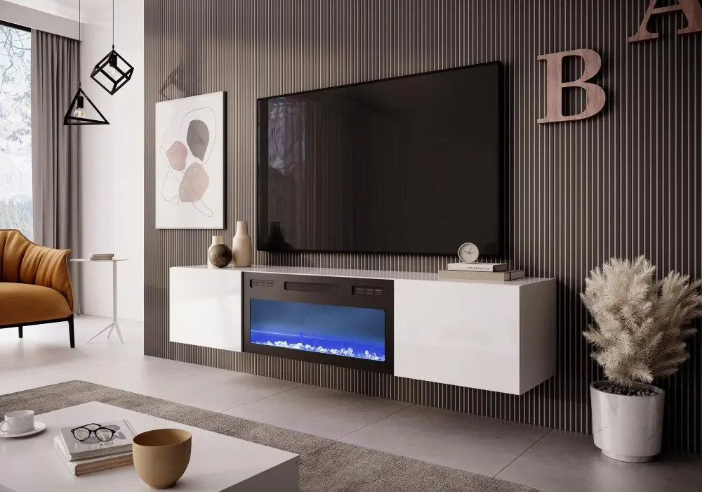 HALMAR Závěsný TV stolek LICO s krbem 180 cm bílý