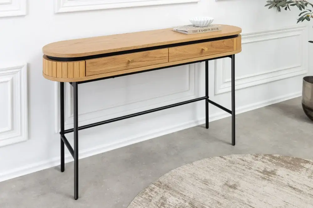 Estila Designový industriální konzolový stolek Maderia s oválnou deskou a dvěma zásuvkami v dubové hnědé a černé barvě 120 cm