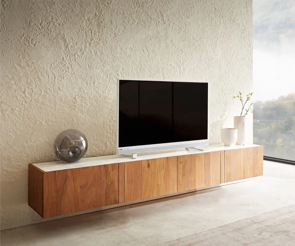 TV stolek Secara 220 cm akácie přírodní 4 dvířka mramor závěsný