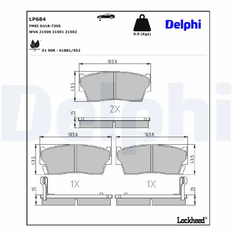 DELPHI Sada brzdových destiček, kotoučová brzda LP684