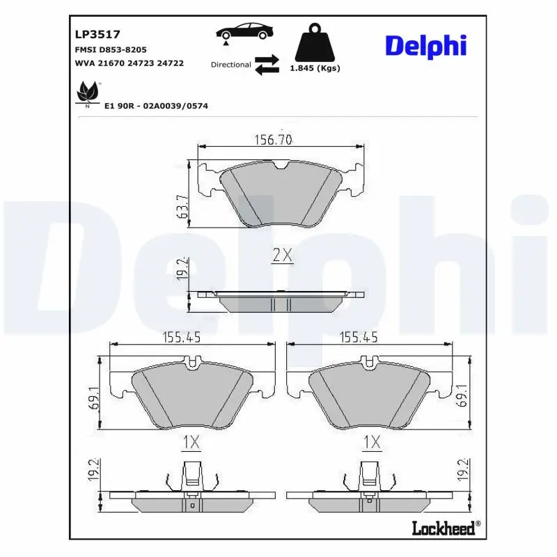 Sada brzdových destiček, kotoučová brzda DELPHI LP3517