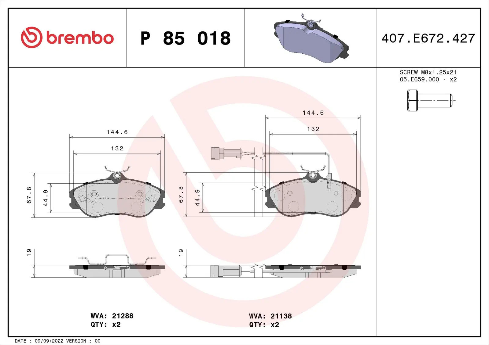 BREMBO Sada brzdových destiček, kotoučová brzda P85018