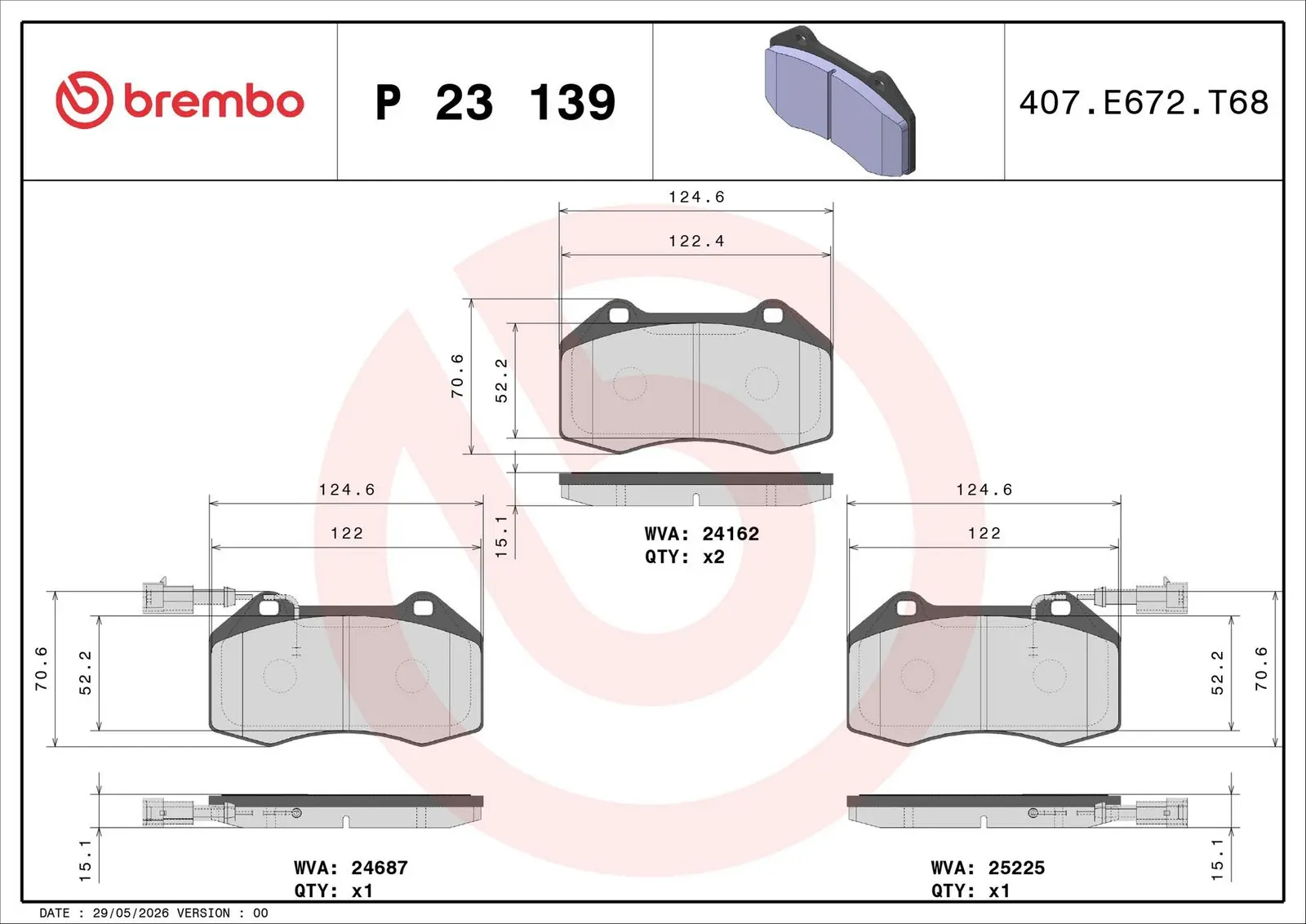 BREMBO Sada brzdových destiček, kotoučová brzda P23139