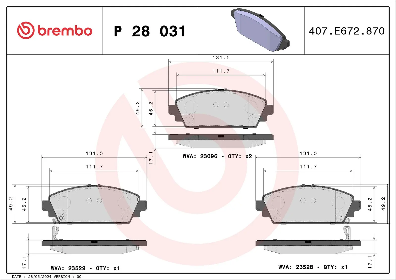 Sada brzdových destiček, kotoučová brzda BREMBO P 28 031