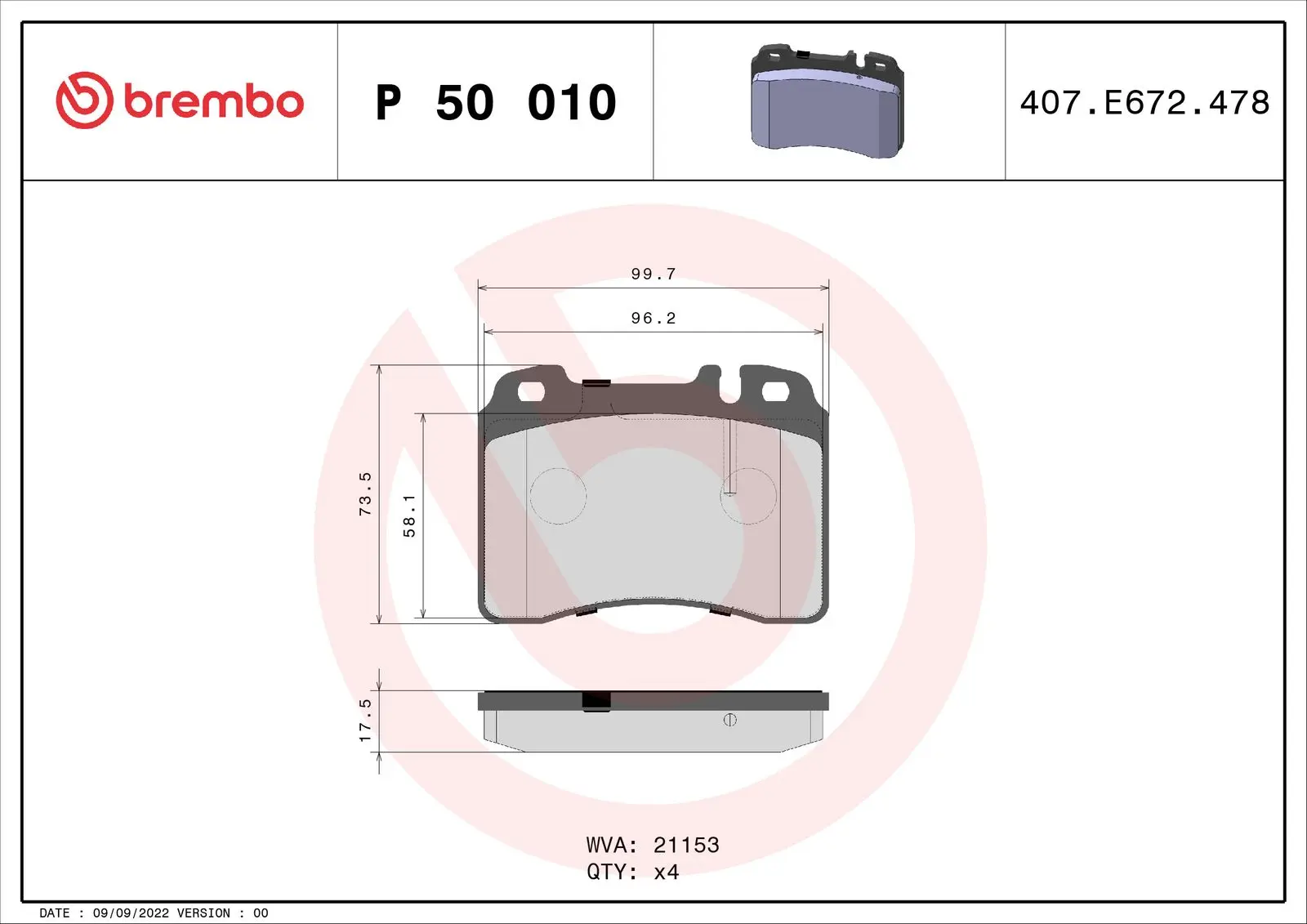 Sada brzdových destiček, kotoučová brzda BREMBO P 50 010