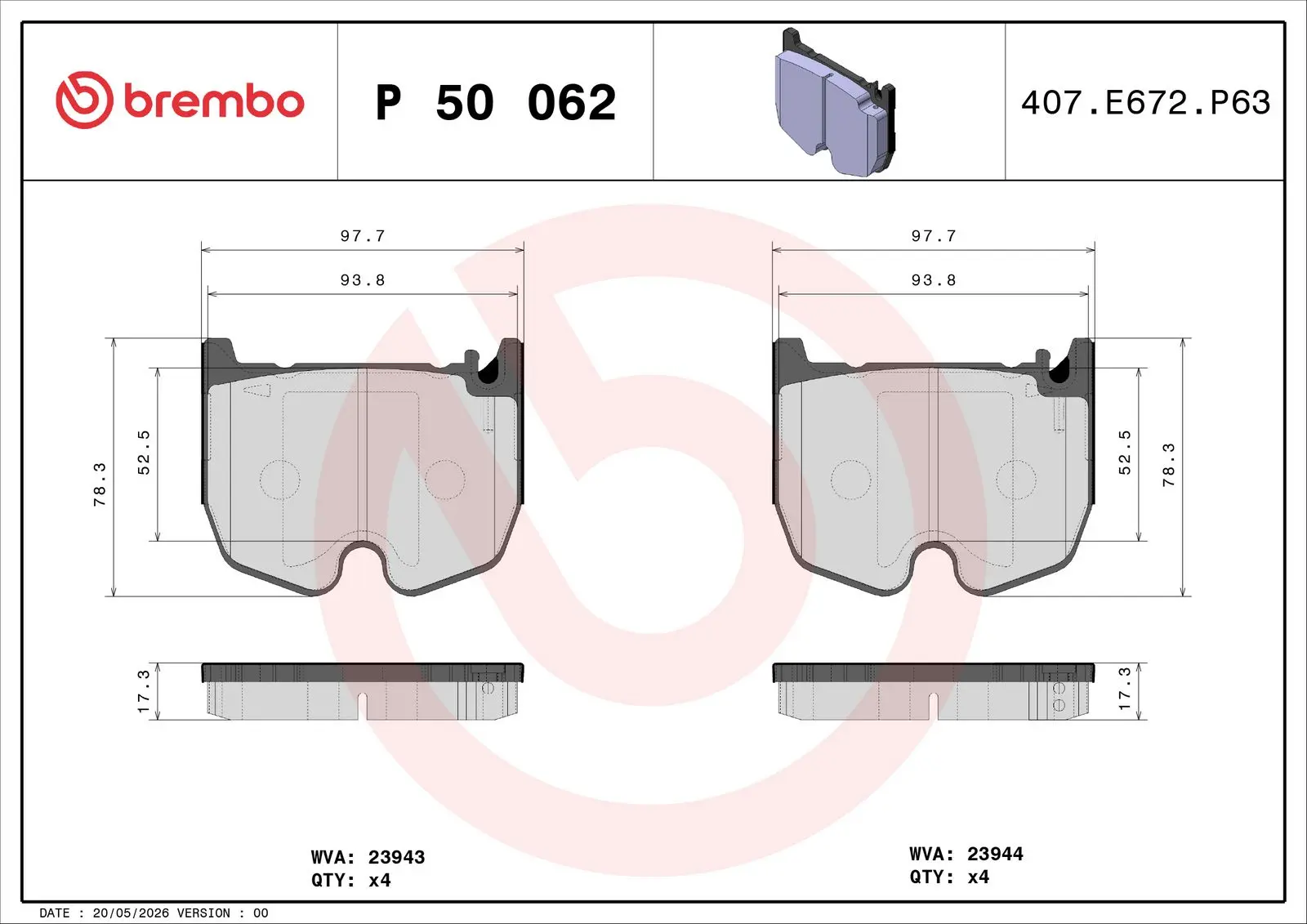 Sada brzdových destiček, kotoučová brzda BREMBO P 50 062