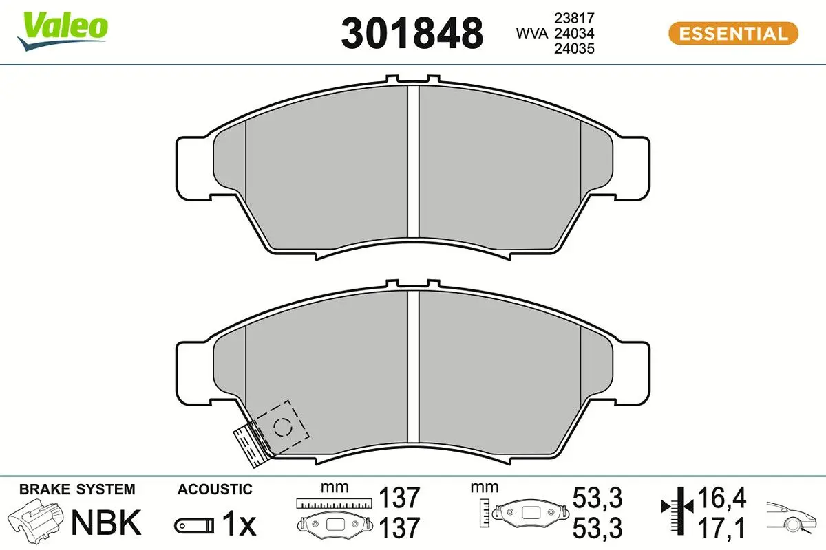 Sada brzdových destiček, kotoučová brzda VALEO 301848
