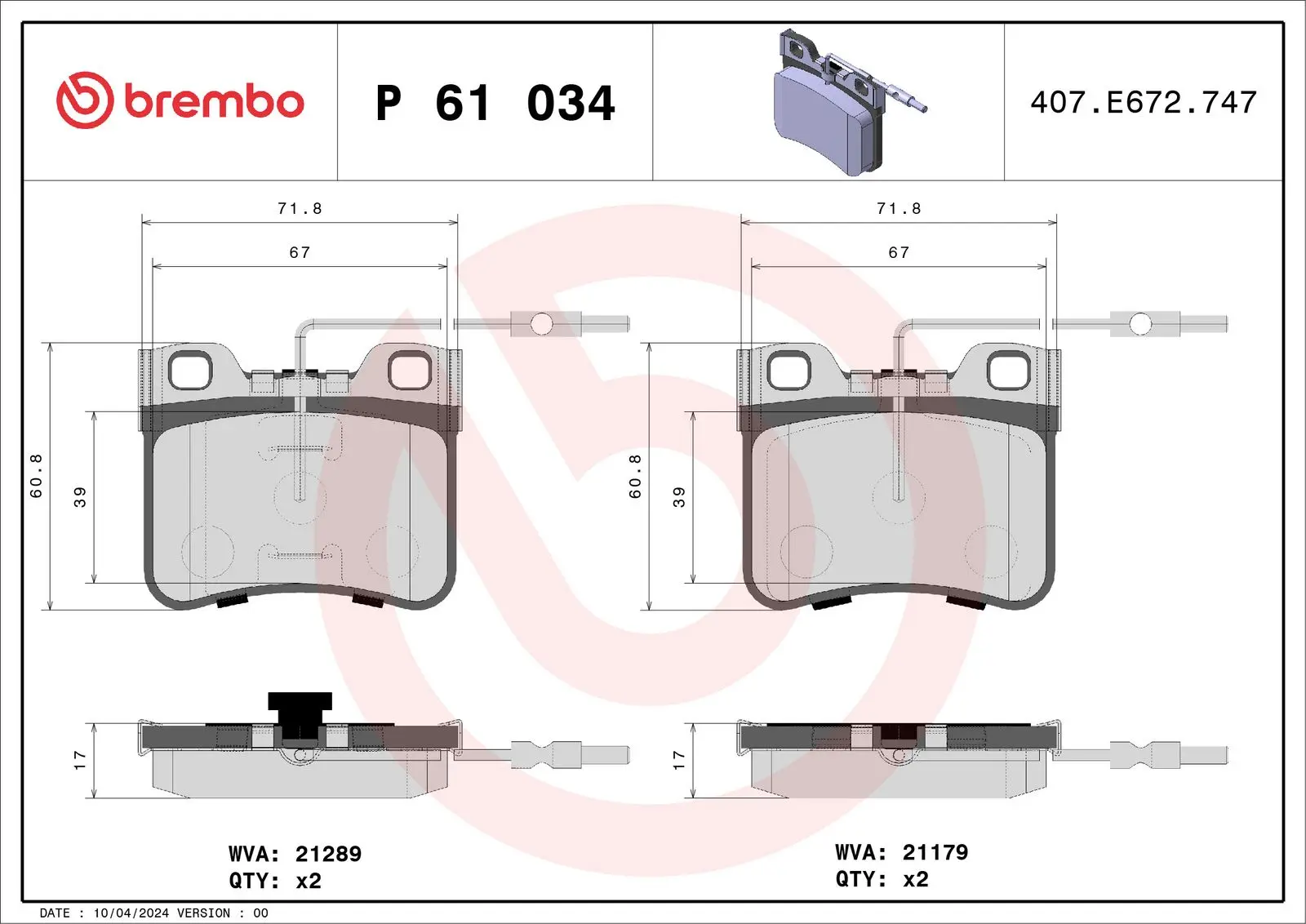 Sada brzdových destiček, kotoučová brzda BREMBO P 61 034