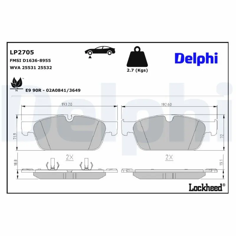 DELPHI Sada brzdových destiček, kotoučová brzda LP2705