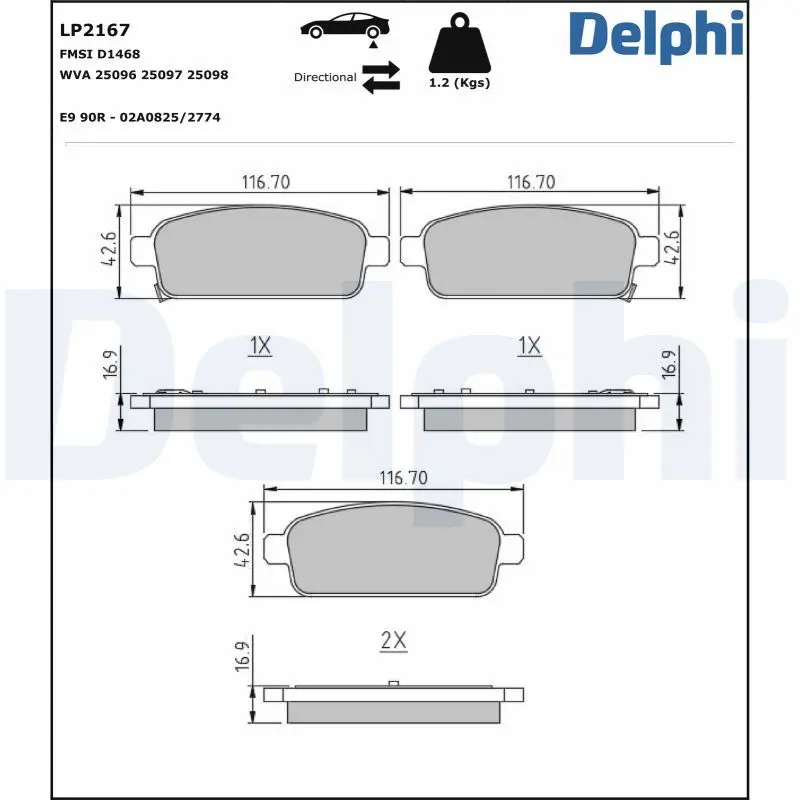 DELPHI Sada brzdových destiček, kotoučová brzda LP2167