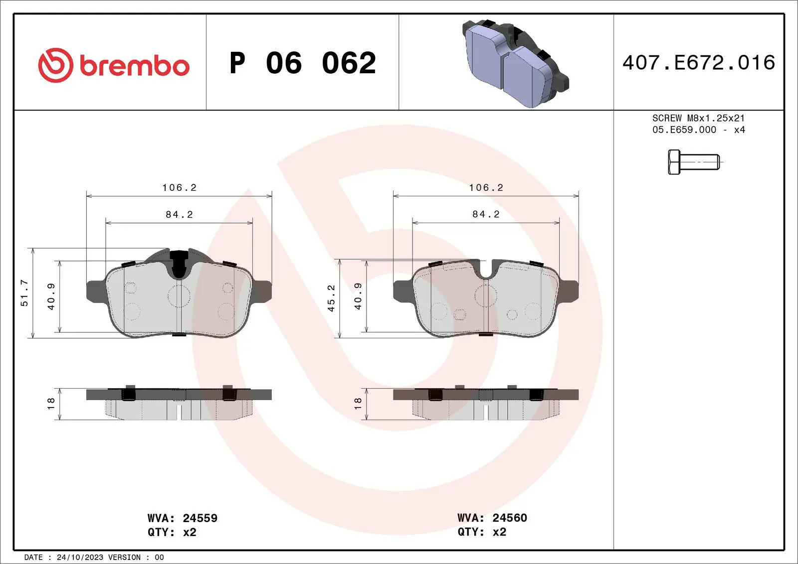 Sada brzdových destiček, kotoučová brzda BREMBO P 06 062