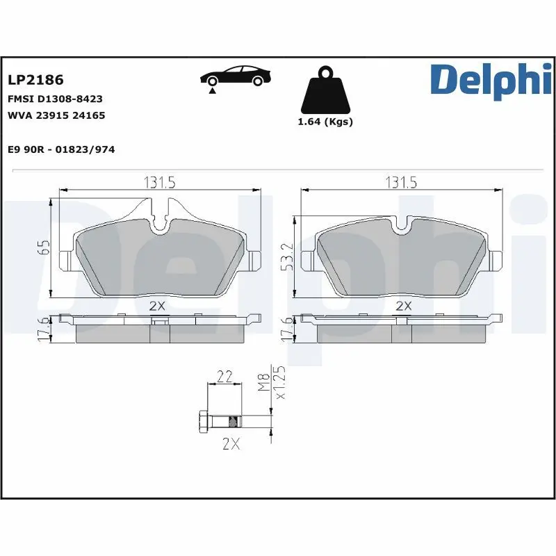 DELPHI Sada brzdových destiček, kotoučová brzda LP2186