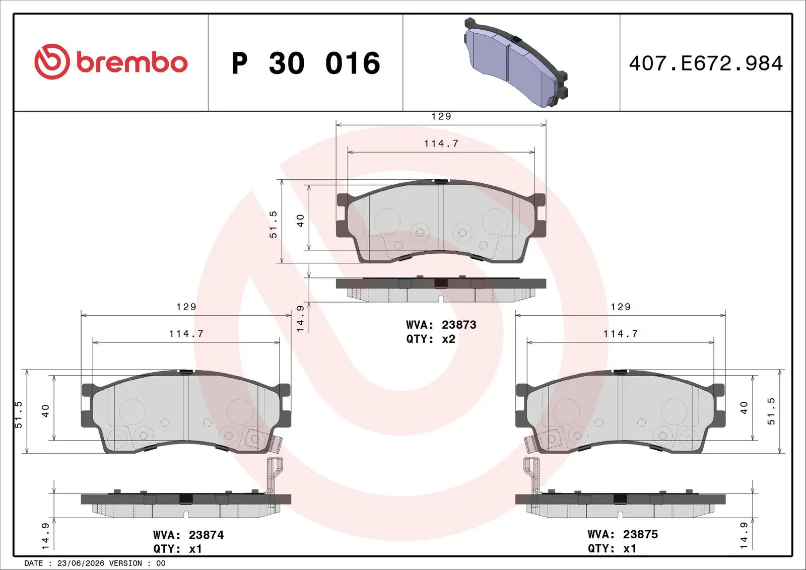 Sada brzdových destiček, kotoučová brzda BREMBO P 30 016