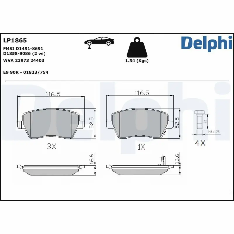 DELPHI Sada brzdových destiček, kotoučová brzda LP1865