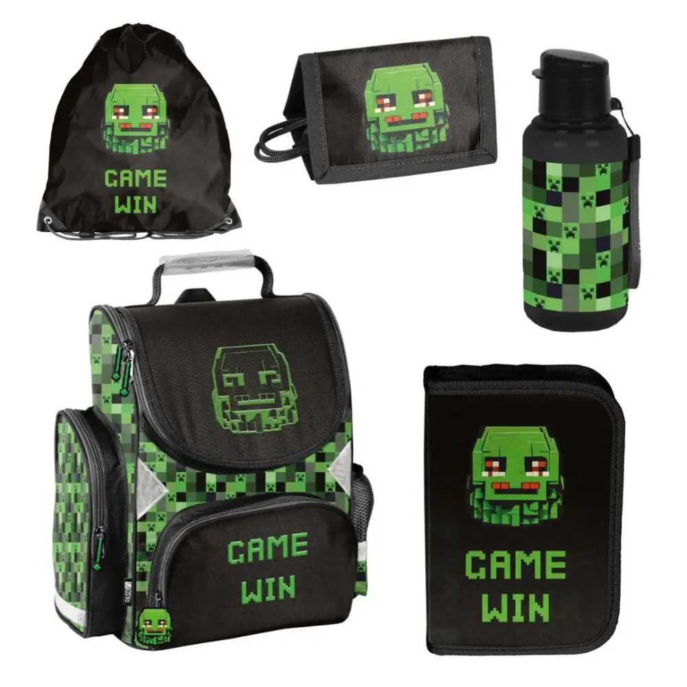 5dílná školní sada Minecraft Pixel Mask – školní aktovka, penál, sáček na přezůvky, láhev na pití a peněženka