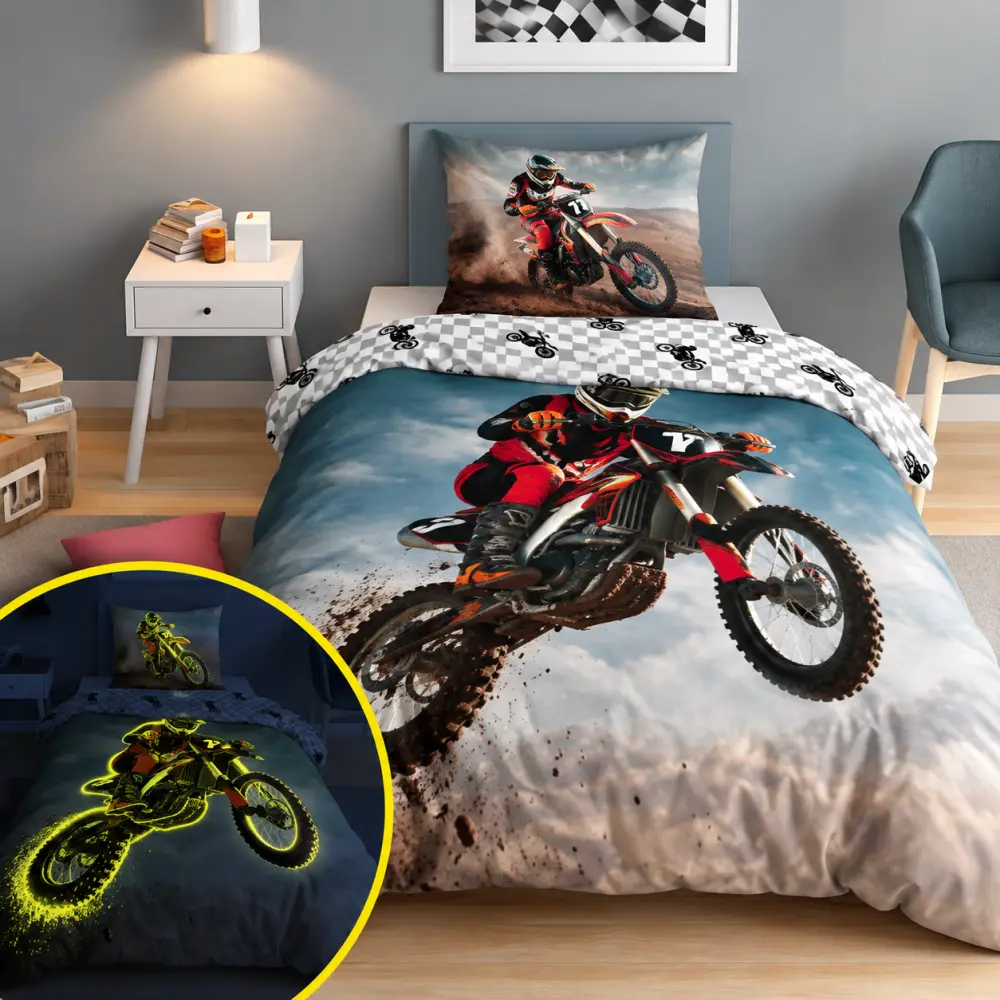 Dětské bavlněné ložní prádlo, které svítí ve tmě – motorkář 2