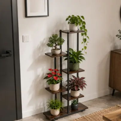 Kovový stojan na květiny – 6patrový květináč v loftovém stylu s MDF policemi, 113 cm