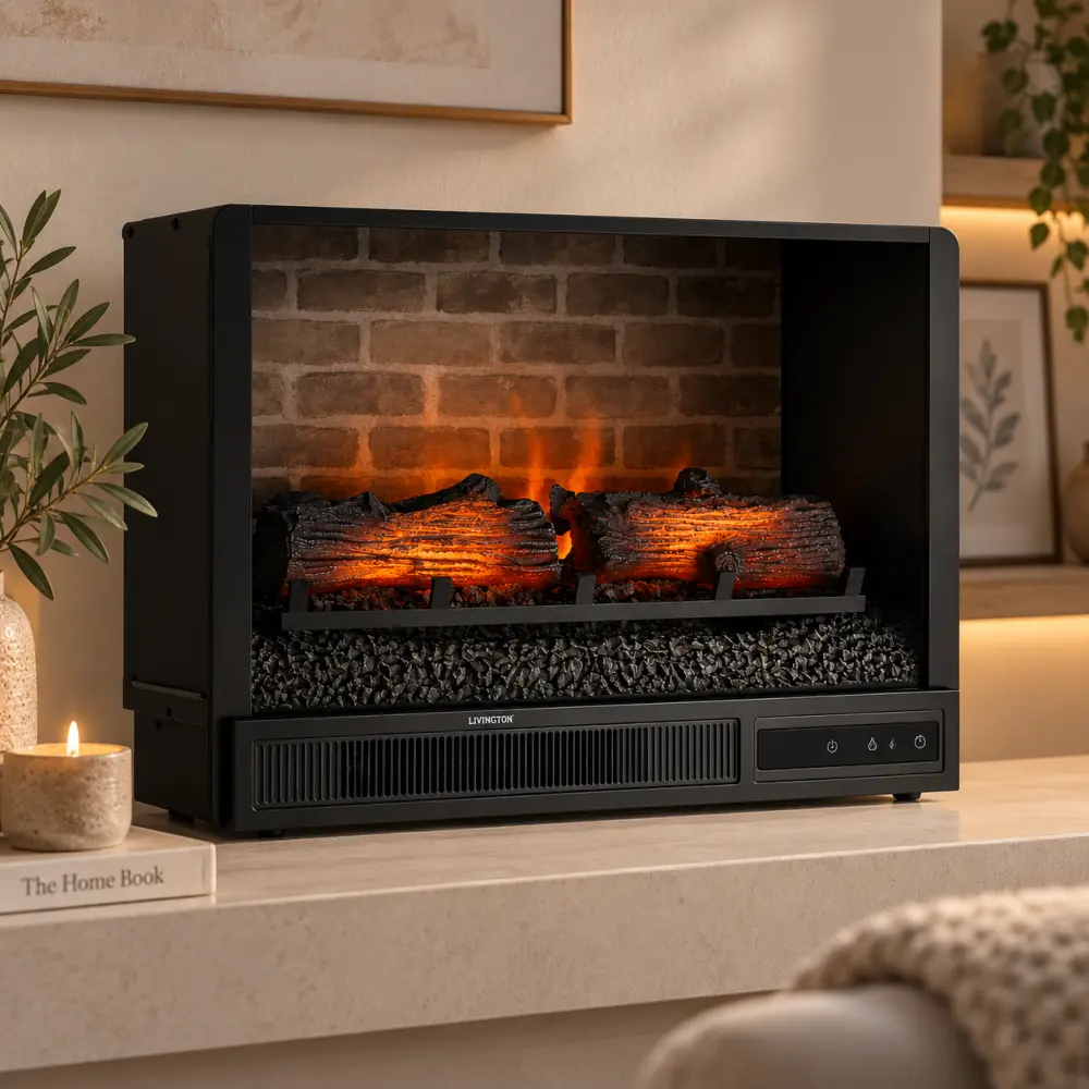 Elektrický krb s efektem plamene a dálkovým ovládáním, 900/1800 W, černý