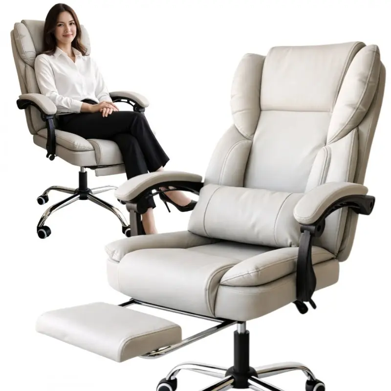 Ergonomická kancelářská židle SKYLINE s opěrkou nohou a bederní opěrkou - krémová ekokůže