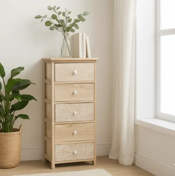 Komoda LUIZA s 5 zásuvkami - boho design, 40 x 29 x 90 cm
