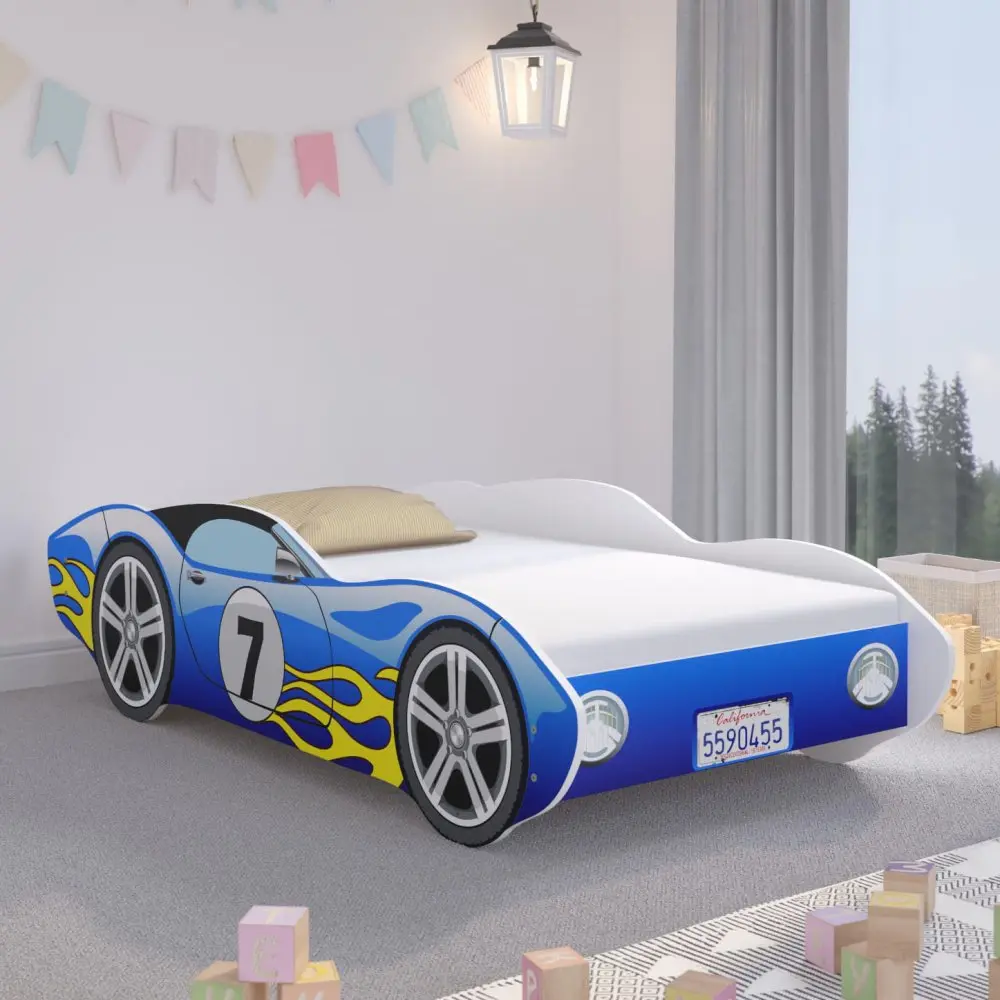 Jedinečná chlapecká dětská postel modré závodní auto 140 x 70 cm