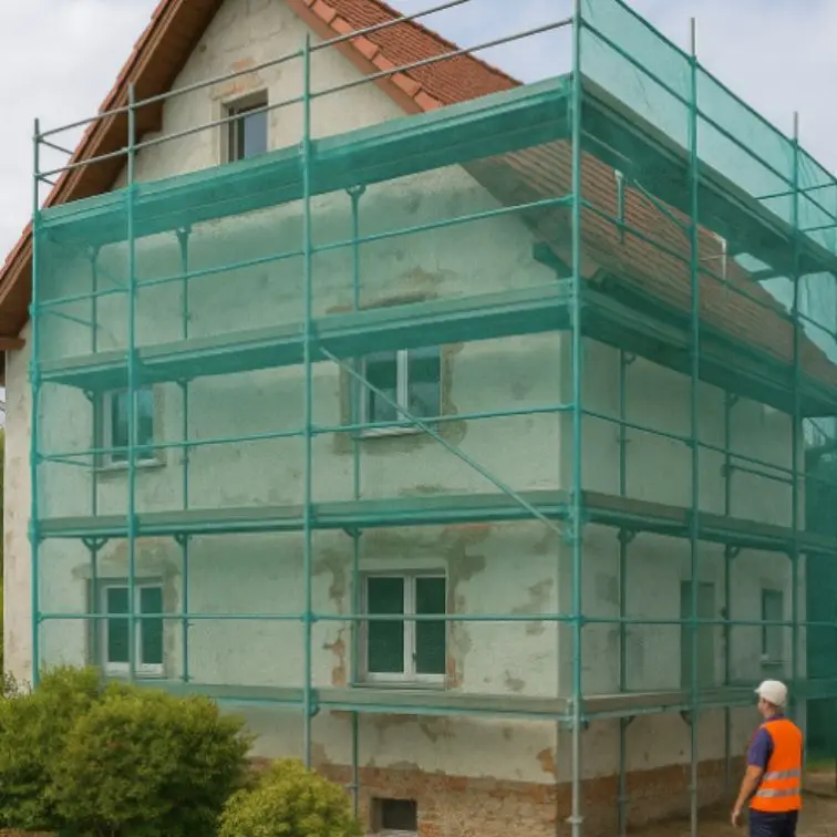 Zelená HDPE síť na lešení – větruodolná fasádní ochranná síť s montážními oky 3,07 x