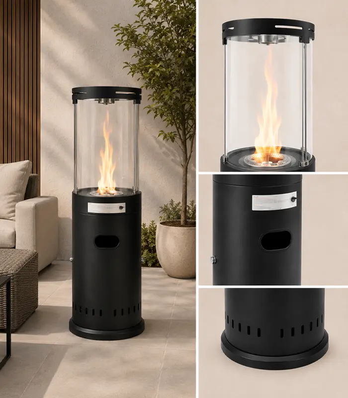 11kW plynový zahradní a terasový ohřívač s efektem plamene – 134 x 41 cm, černý