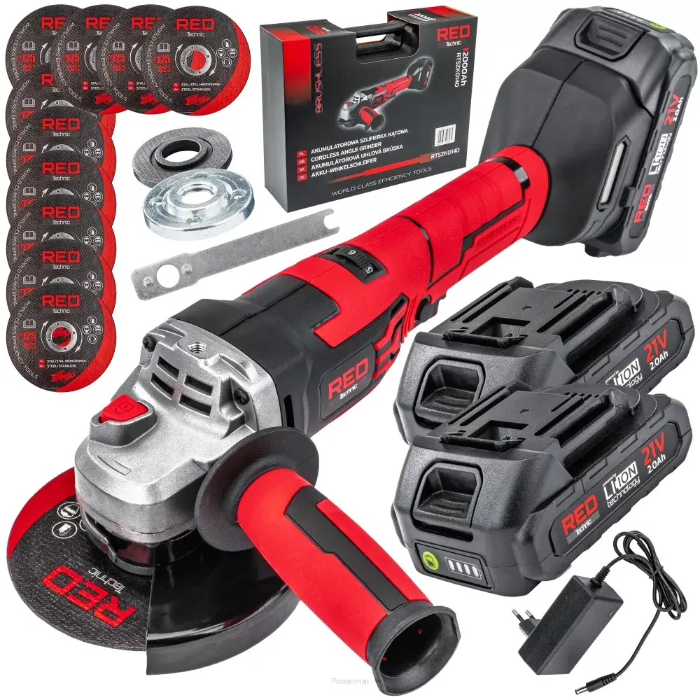 AKU úhlová bruska RED TECHNIC RTSZK0140, 2x 2 Ah, 125 mm