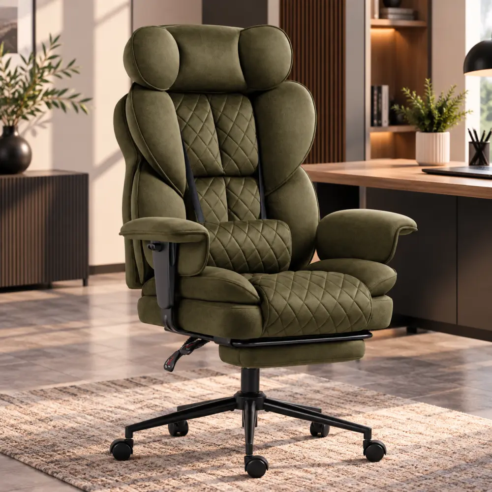Ergonomická kancelářská židle HC-1037 s opěrkou nohou – sametová látka olivově zelené barvy