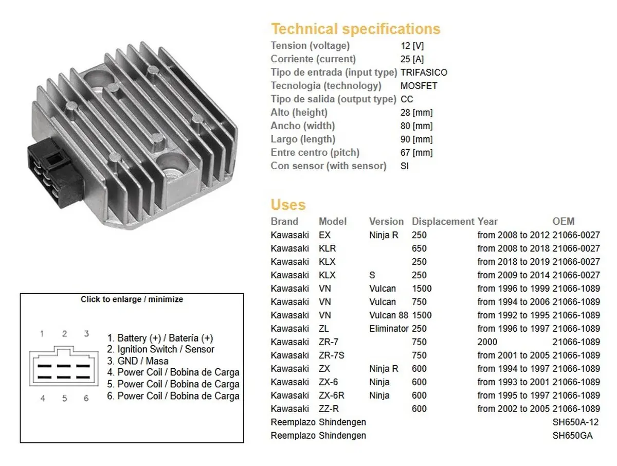 DZE regulátor napětí KAWASAKI VN 750 94-06; VN 1500 96-99; ZX 6 93-01; ZX-6R 95-97; ZR-7 (RGU-404,ESR260) (21066-1089, 21066-027) (SH650GA, SH650A-12)