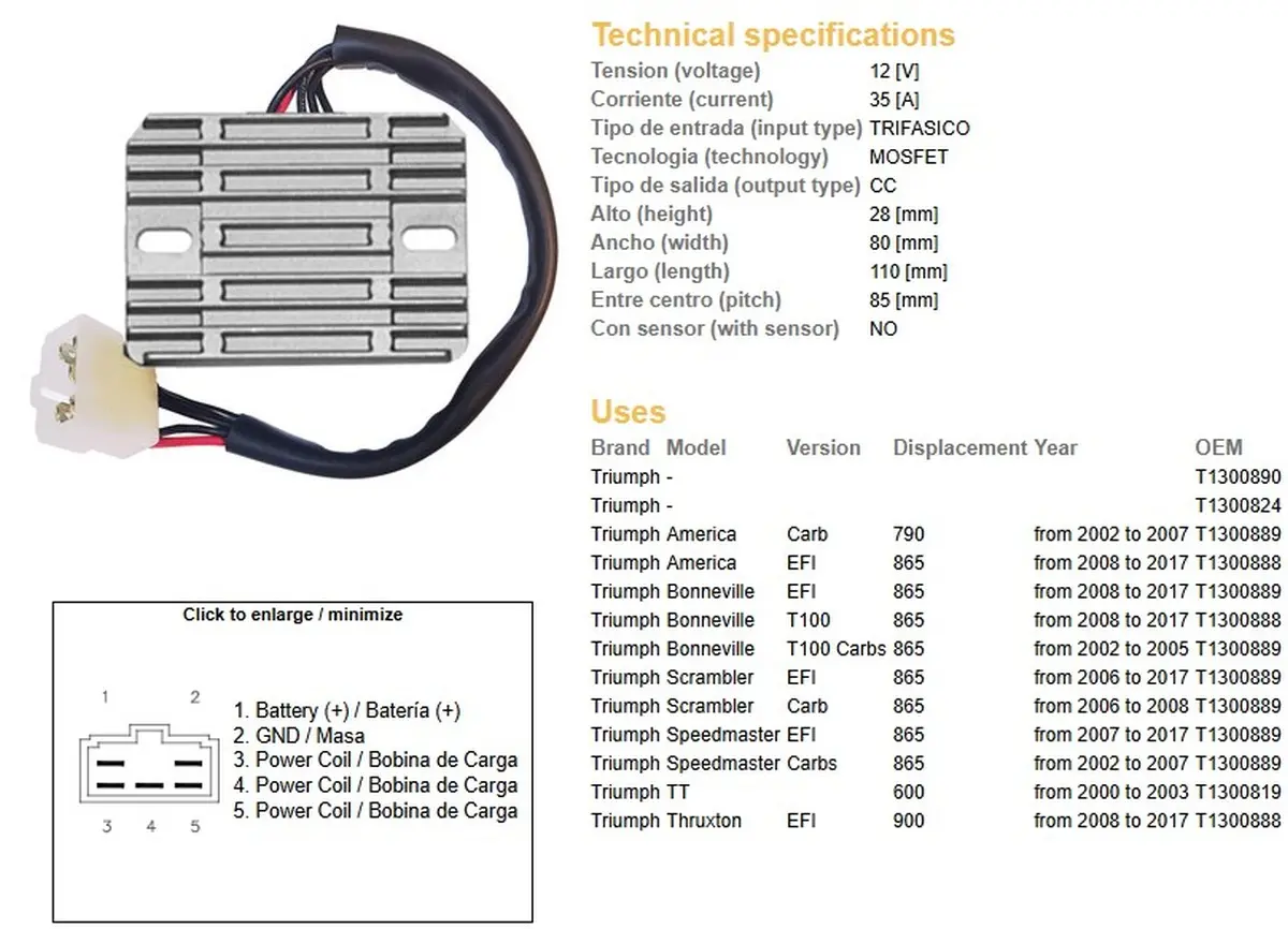 DZE regulátor napětí TRIUMPH AMERICA 790/865 02-17; BONNEVILLE 865 02-17; SCRAMBLER/SPEEDMASTER 865 02-17; TT 600 00-03 (T1300889, T1300888) (ESR547)