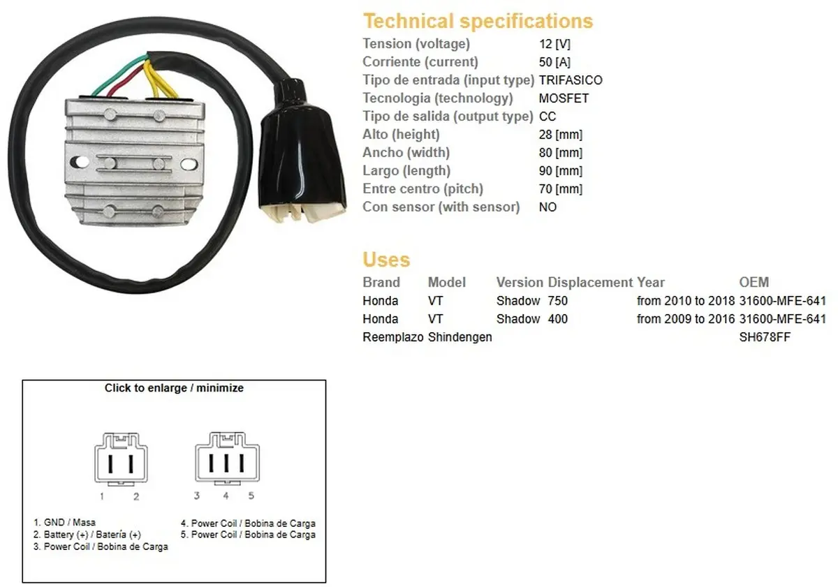 DZE regulátor napětí HONDA VT 750C SHADOW 10-18 (31600-MFE-641) (50A) (MOSFET) (DZE regulátor napětí HONDA VT 750C SHADOW 10-18 (31600-MFE-641) (50A))