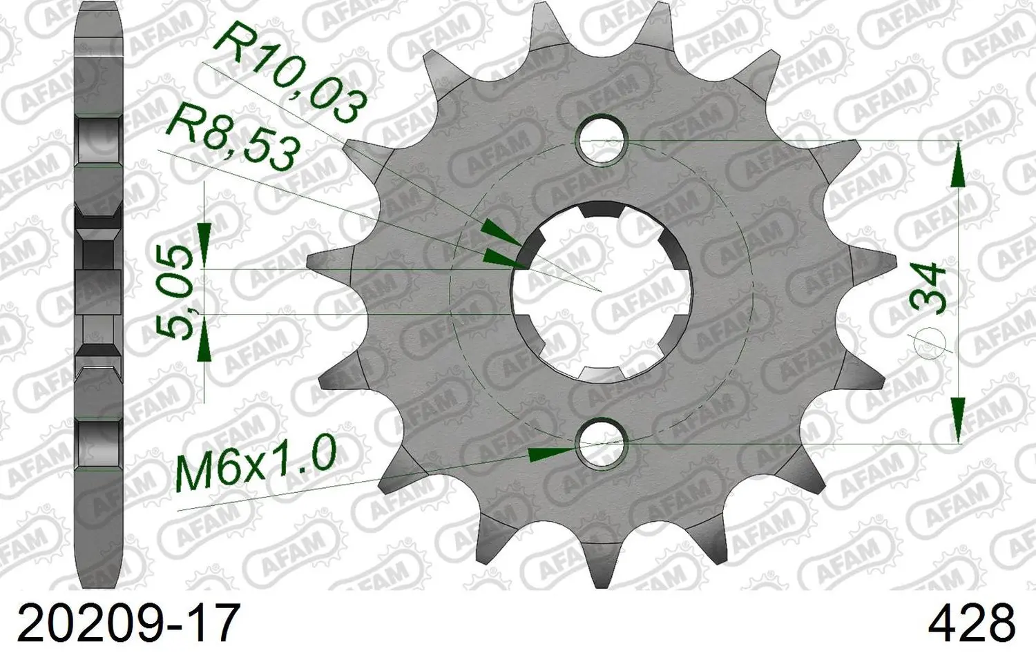 AFAM pastorek přední 2037 17 HONDA XLR 125 CBR 125 (+2), CLR 125 (JTF1264.17) (řetěz 428) (AFAM pastorek přední 2037 17 HONDA XLR 125 CBR 125 (+2),)