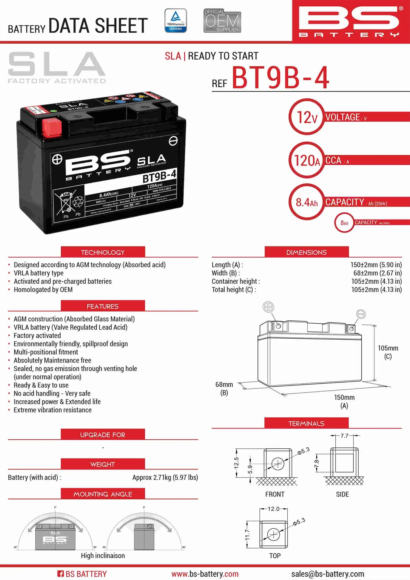 BS akumulátor BT9B-4 (FA) (YT9B-4) 12V 8AH 150X69X105 bezúdržbový - plněný (115A) (6) (BS akumulátor BT9B-4 (FA) (YT9B-4) 12V 8AH 150X69X105)