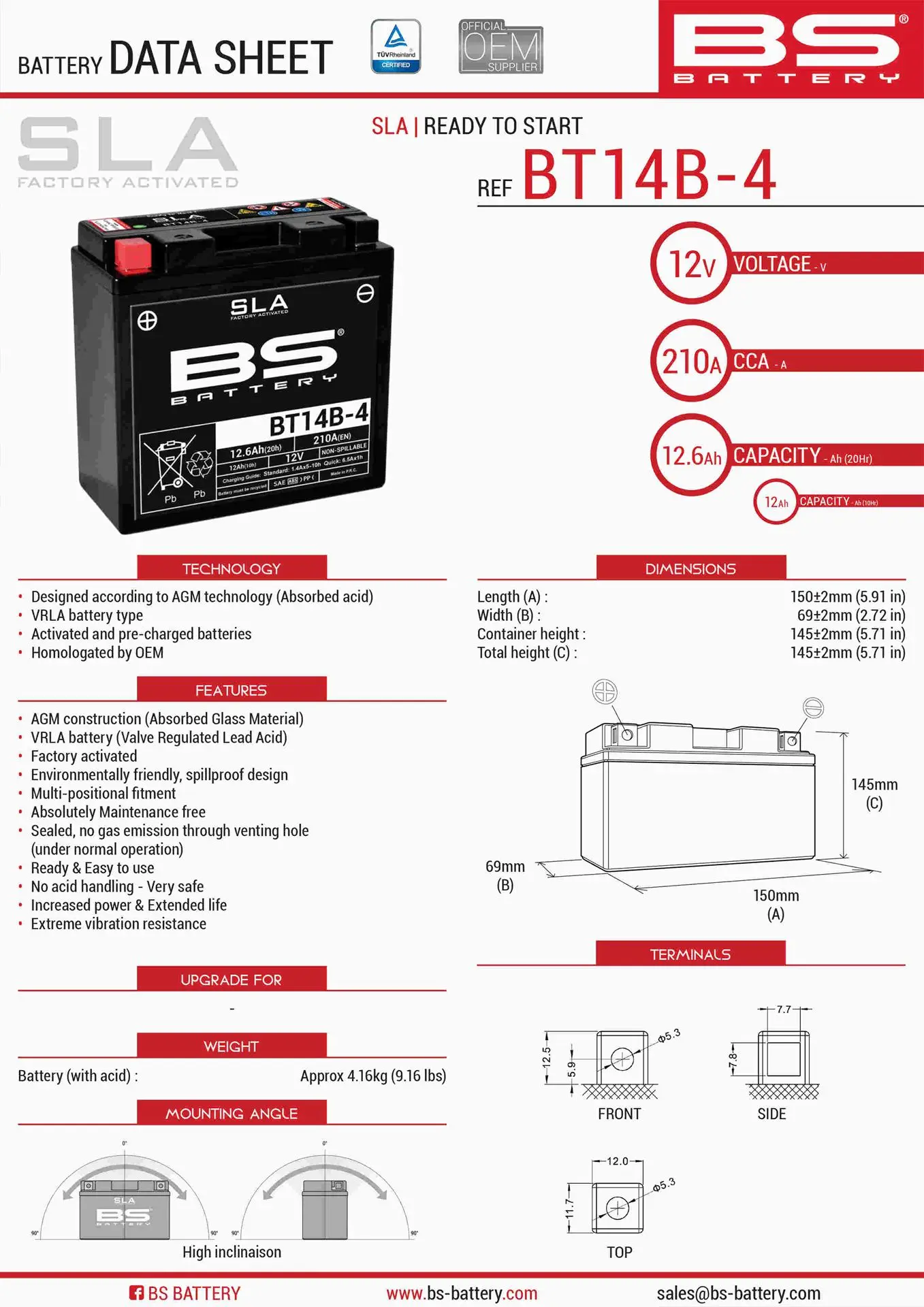 BS akumulátor BT14B-4 (FA) (YT14B4) 12V 12AH 150X69X145 bezúdržbový - plněný (210A) (4) (BS akumulátor BT14B-4 (FA) (YT14B4) 12V 12AH 150X69X145)