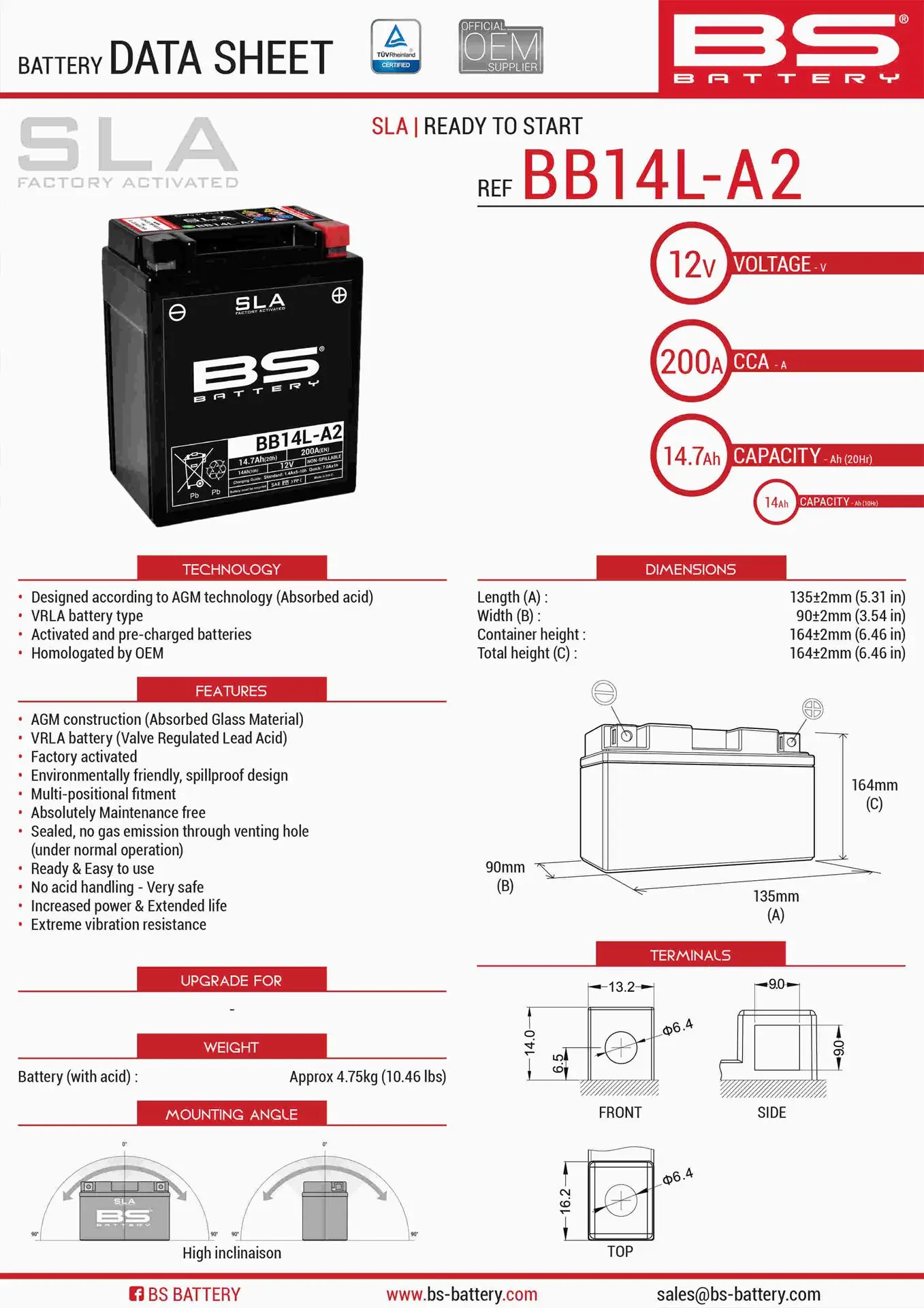 BS akumulátor BB14L-A2 (FA) (YB14L-A2, YB14L-B2) 12V 14AH 135X91X167 bezúdržbový - plněný (210A) - nahrazuje 300835 (4) (BS akumulátor BB14L-A2 (FA))