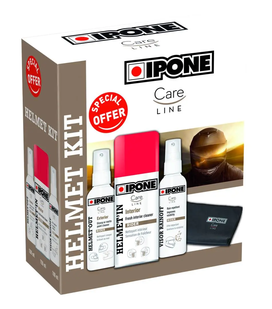 IPONE HELMET KIT sada pro péči o přilbu (HELMET OUT, HELMET IN, VISOR RAINOFF, MICROFIBRA) (CARELINE) (4) (IPONE HELMET KIT sada pro péči o přilbu)