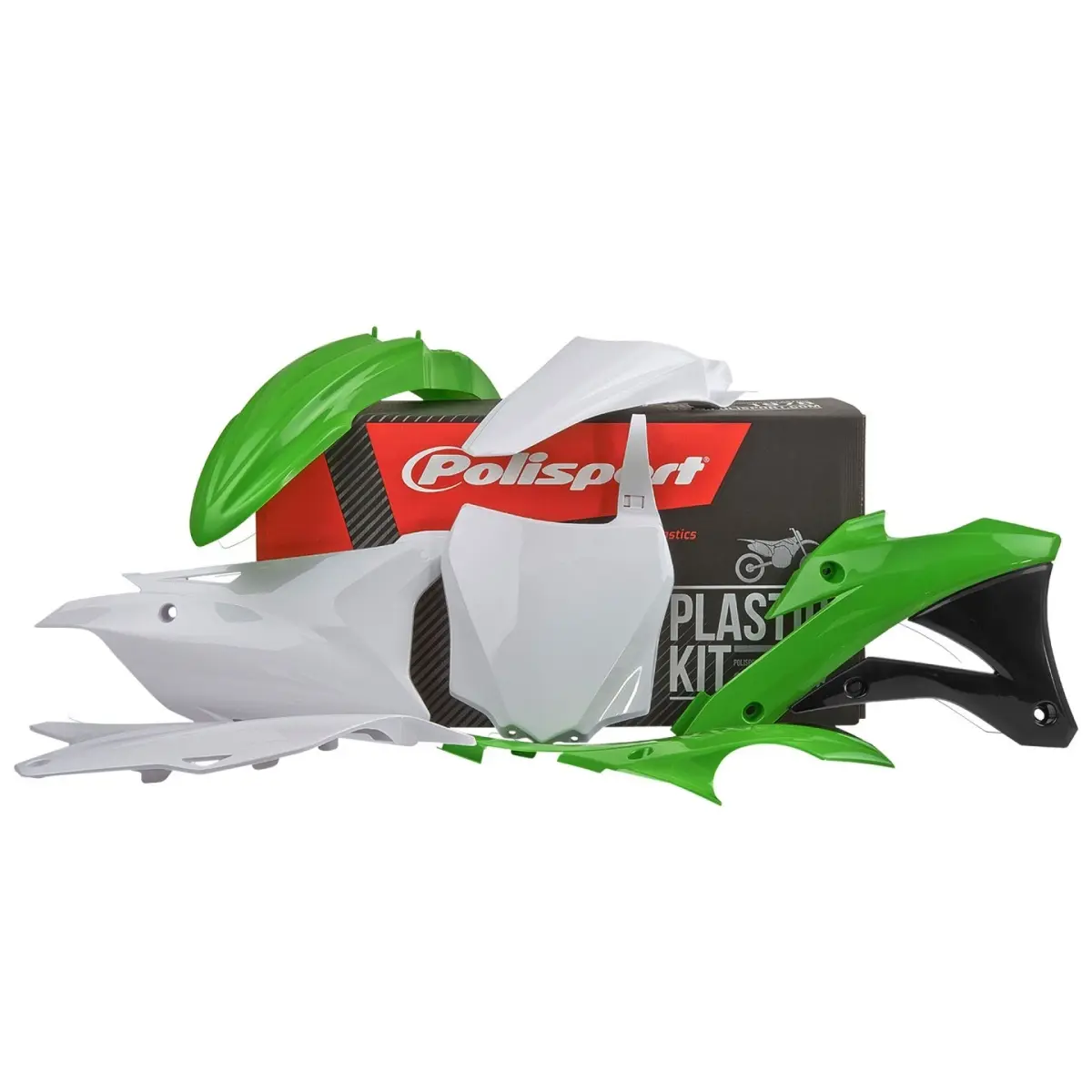 POLISPORT kompletní sada plastů KAWASAKI KX 85 14-21; KX 100 14-21; KX 112 14-21 v sadě tabulka přední (8662900002) barva zeleno bílá OEM (POLISPORT)