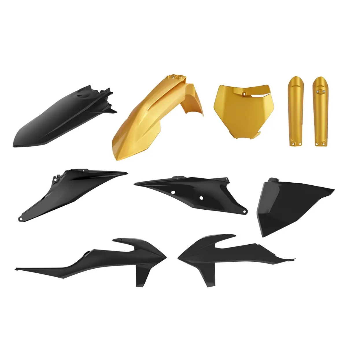 POLISPORT kompletní sada plastů (FULL KIT) KTM SX/SX-F 19-22 v sadě přední tabulka (8666400009) a kryty tlumičů (8398600015) barva zlatá černá (GOLD